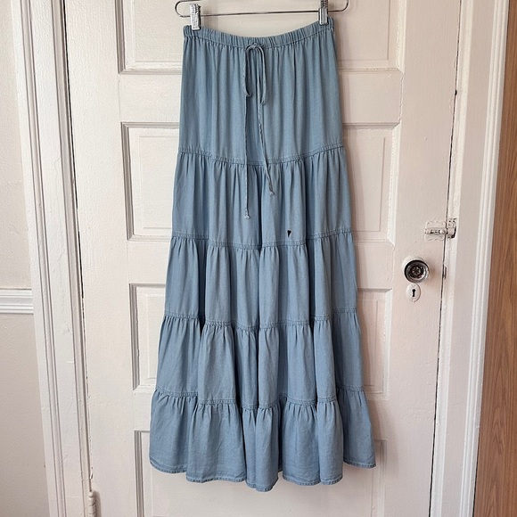 Sky to Moon Tiered Ruffle Maxi Skirt Chambray Graffiti Art Elastic Waist Boho - Picture 17 of 17